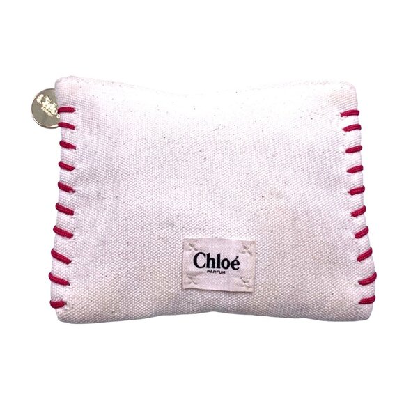 Chloé Parfum Canvas Coin Purse Makeup Case Gold Charm Red Stitching Chic Travel - Picture 1 of 12